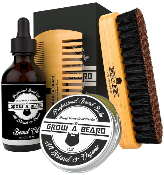 Beard Grooming Kit for Men - Bamboo Travel Set with Brush, Comb, Oil & Balm for Growth, Styling, Shine & Softness - Great Gift